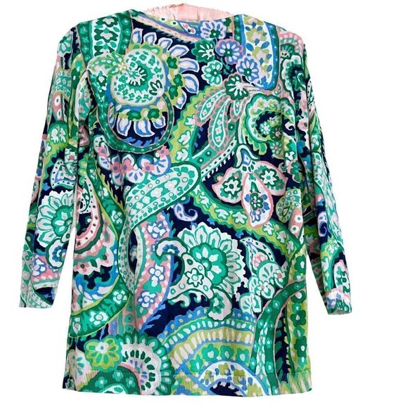 Talbots XS Paisley Cotton Knit Long Sleeve Crew Neck Sweater Pink Green Black - Picture 3 of 5